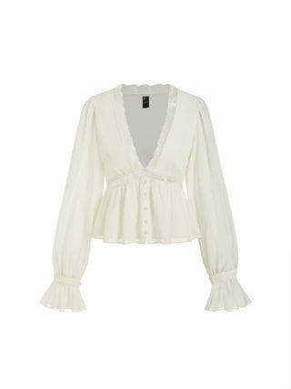 Chiffon V-neck Bell Sleeve Lace Trim Ruffle Hem Blouse