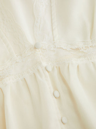 Chiffon V-neck Bell Sleeve Lace Trim Ruffle Hem Blouse