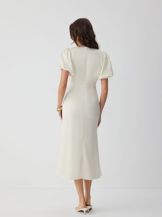 Satin V-neck Puff Sleeve Lace Panel Mid Rise Mermaid Maxi Dress