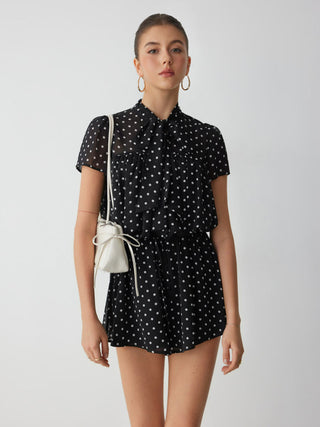 Chiffon Stand Collar Puff Sleeve Bowknot Drawstring Ruffle Romper