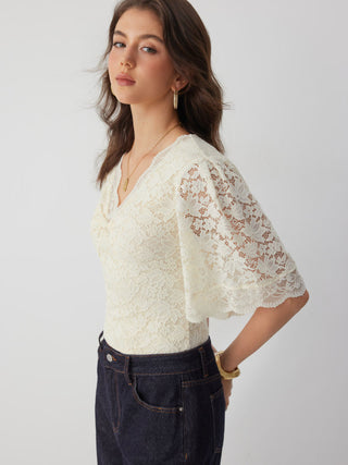 Lace Jacquard Sweetheart Neck Bell Sleeve Twist Knotted Bodysuit