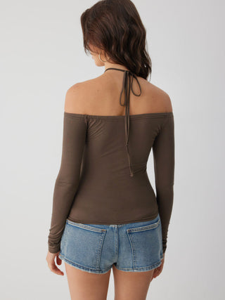 Halter Neckline Beaded Draped Long Sleeve Top