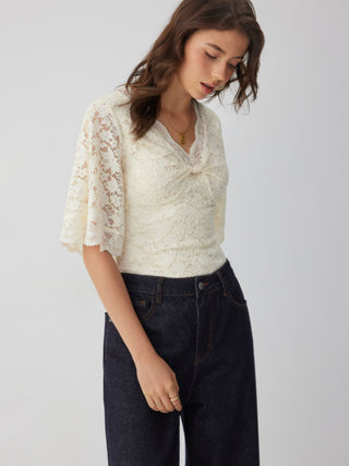 Lace Jacquard Sweetheart Neck Bell Sleeve Twist Knotted Bodysuit