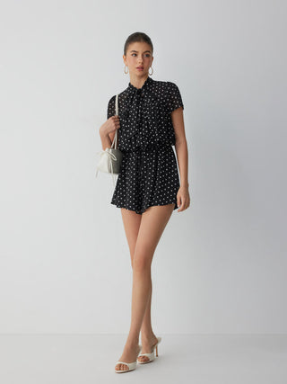 Chiffon Stand Collar Puff Sleeve Bowknot Drawstring Ruffle Romper