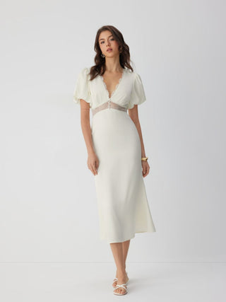 Satin V-neck Puff Sleeve Lace Panel Mid Rise Mermaid Maxi Dress