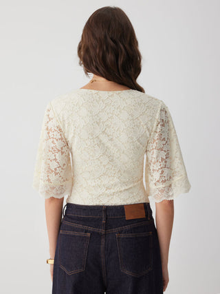 Lace Jacquard Sweetheart Neck Bell Sleeve Twist Knotted Bodysuit