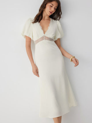 Satin V-neck Puff Sleeve Lace Panel Mid Rise Mermaid Maxi Dress