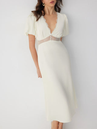 Satin V-neck Puff Sleeve Lace Panel Mid Rise Mermaid Maxi Dress