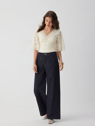 Lace Jacquard Sweetheart Neck Bell Sleeve Twist Knotted Bodysuit