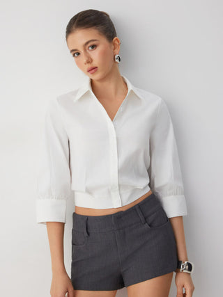 Cotton-blend Rolled Cuff Sleeve Banded Hem Shirt