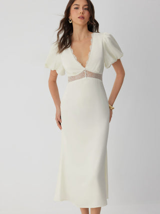 Satin V-neck Puff Sleeve Lace Panel Mid Rise Mermaid Maxi Dress