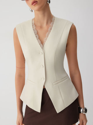 V-neck Lace Trim Waistcoat Top