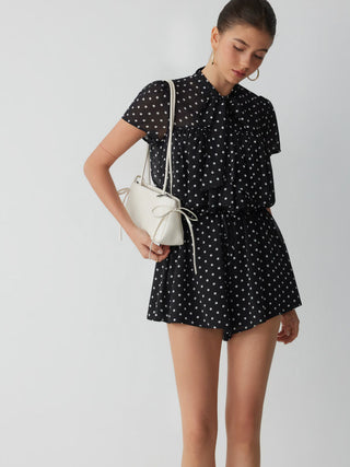 Chiffon Stand Collar Puff Sleeve Bowknot Drawstring Ruffle Romper