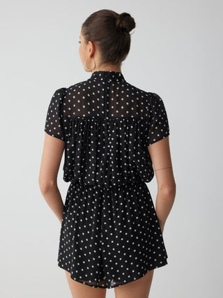 Chiffon Stand Collar Puff Sleeve Bowknot Drawstring Ruffle Romper