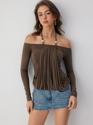Halter Neckline Beaded Draped Long Sleeve Top