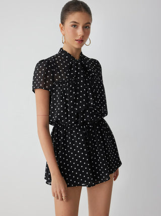 Chiffon Stand Collar Puff Sleeve Bowknot Drawstring Ruffle Romper
