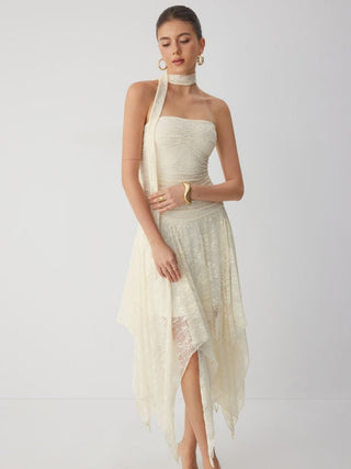 Asymmetric Lace Strapless Maxi Dress with Choker Scarf