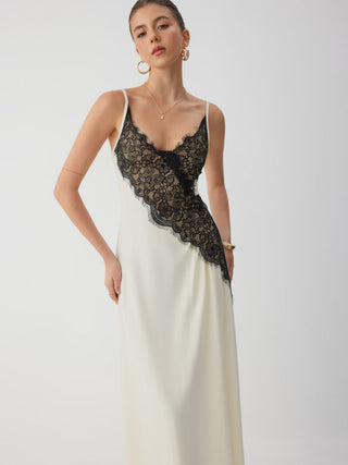 V-Neck Asymmetric Lace Maxi Dress