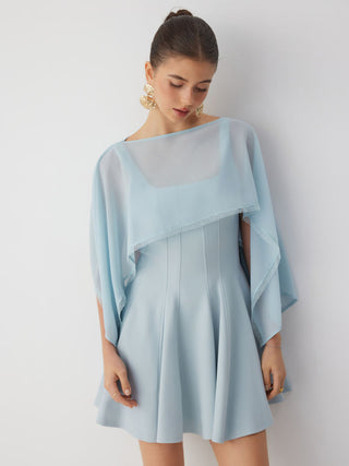 Chiffon Lace Trim Cape & Square Neck Flared Mini Dress Set