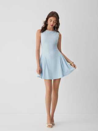 Boat Neck Pleated A-line Mini Dress