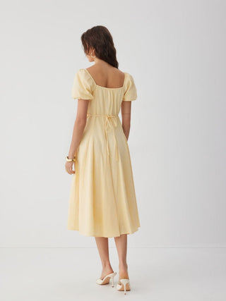 Cotton Sweetheart Neck Puff Sleeve Flared Midi Dress