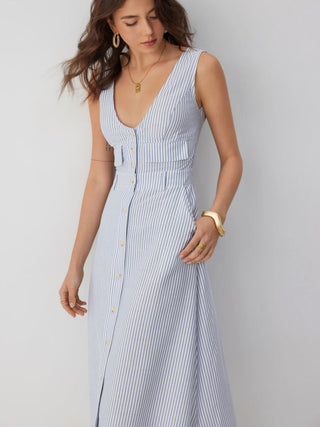 Linen-blend Stripe V-neck A-line Maxi Dress