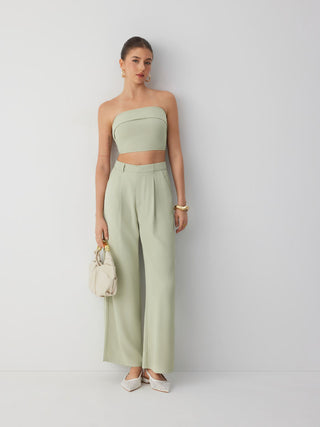 Two Piece Sets Woven Solid Shirred Tube Top & High Waist Pants Set For Daily Casual Exhibition Coffee Shop