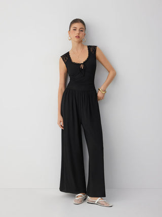 Mid Rise Lace Panel Lace Up Wide Leg Jumpsuit