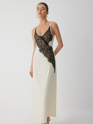 V-Neck Asymmetric Lace Maxi Dress