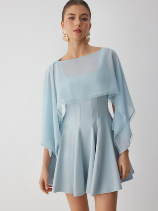 Chiffon Lace Trim Cape & Square Neck Flared Mini Dress Set