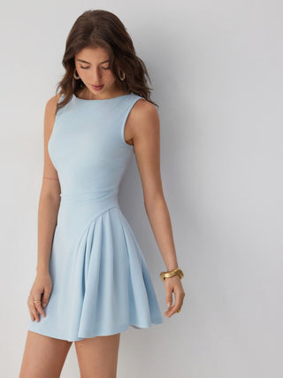 Boat Neck Pleated A-line Mini Dress