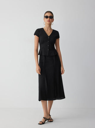 Cotton V-Neck Button Front Peplum Top & Mid Rise A-line Maxi Skirt Set With Belt