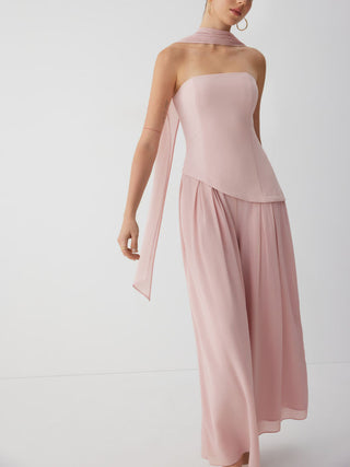 Chiffon Mid Rise Bandeau Asymmetrical Lace Up Wide Leg Jumpsuit With Scarf