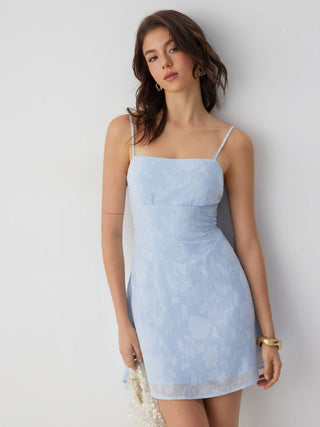 Jacquard Floral Square Neck Ruched A-line Mini Dress