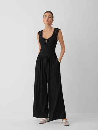 Mid Rise Lace Panel Lace Up Wide Leg Jumpsuit