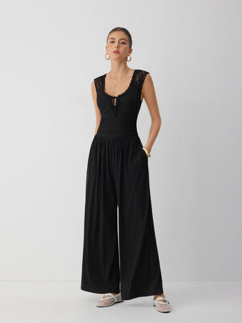 Mid Rise Lace Panel Lace Up Wide Leg Jumpsuit