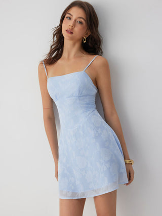 Jacquard Floral Square Neck Ruched A-line Mini Dress