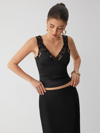 Satin V-neck Lace Trim Tank Top