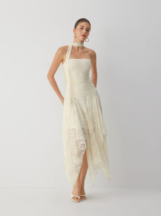 Asymmetric Lace Strapless Maxi Dress with Choker Scarf