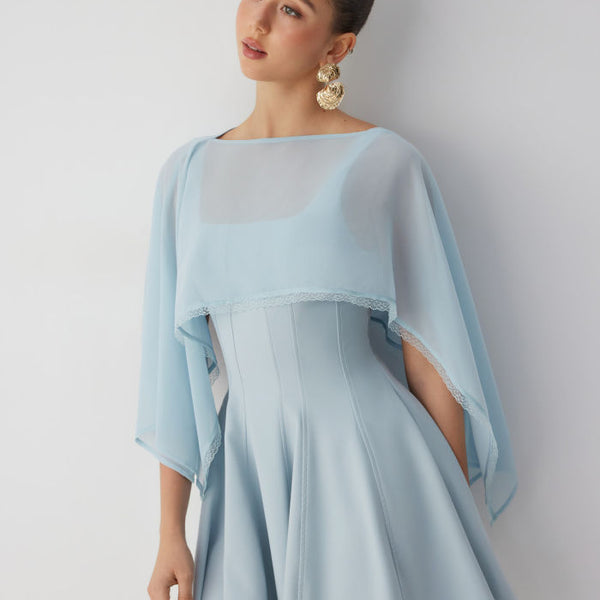Chiffon Lace Trim Cape & Square Neck Flared Mini Dress Set