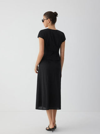 Cotton V-Neck Button Front Peplum Top & Mid Rise A-line Maxi Skirt Set With Belt