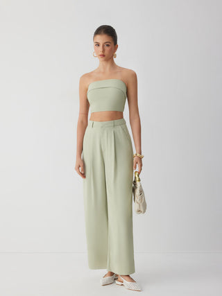 Two Piece Sets Woven Solid Shirred Tube Top & High Waist Pants Set For Daily Casual Exhibition Coffee Shop