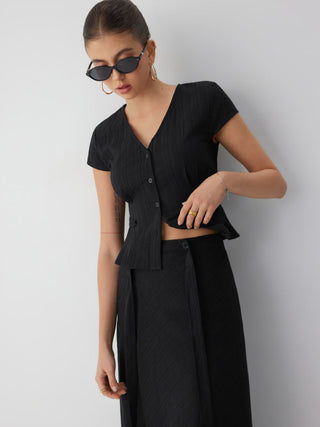 Cotton V-Neck Button Front Peplum Top & Mid Rise A-line Maxi Skirt Set With Belt