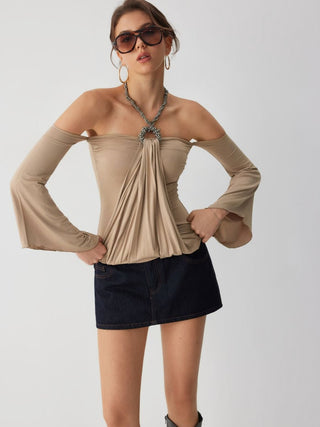 Halter Neckline Draped Metal Detail Top