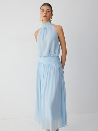 Chiffon Halter Neckline Backless A-Lined Maxi Dress
