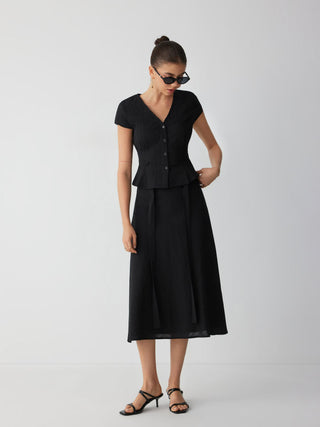Cotton V-Neck Button Front Peplum Top & Mid Rise A-line Maxi Skirt Set With Belt