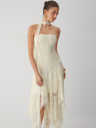 Asymmetric Lace Strapless Maxi Dress with Choker Scarf