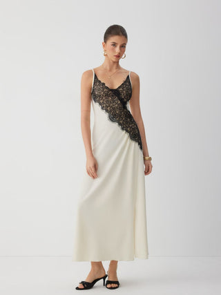 V-Neck Asymmetric Lace Maxi Dress