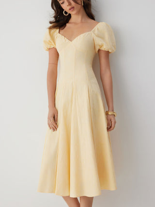 Cotton Sweetheart Neck Puff Sleeve Flared Midi Dress