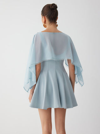 Chiffon Lace Trim Cape & Square Neck Flared Mini Dress Set